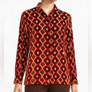 Tempo by Maliparmi Velvet Button-Down Shirt — Brick Rust Print |  M 10–12
